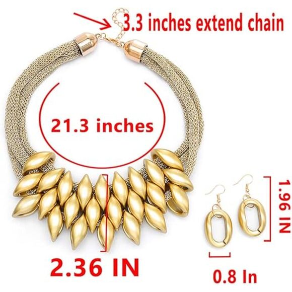 Statement Necklace Set Gold Leaf Design with Mesh Chain and Matching Earrings - Picture 2 of 4